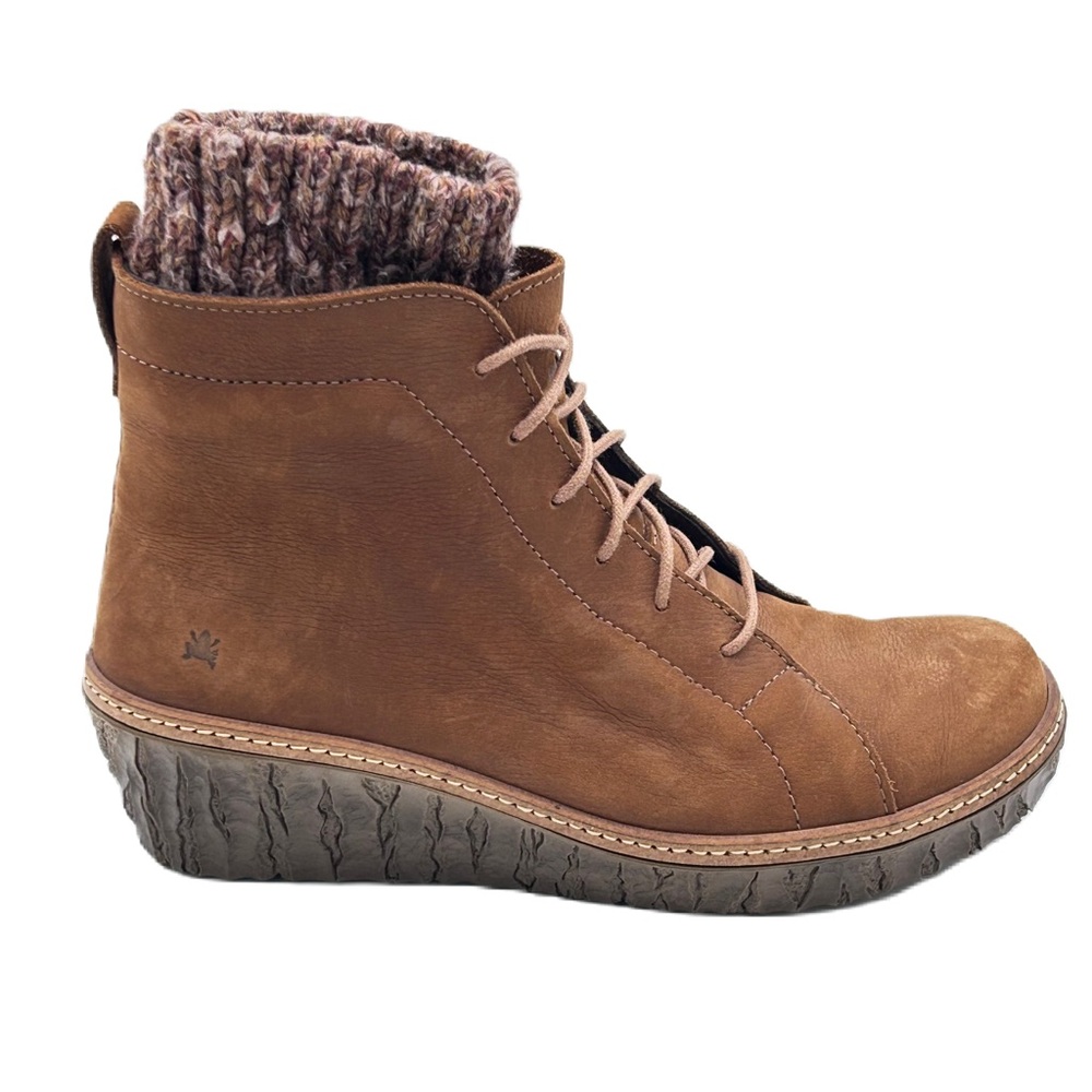 El Naturalista‎  Wedge Ankle Bootie US Size 7.5 Lace Up Leather Neutral Brown